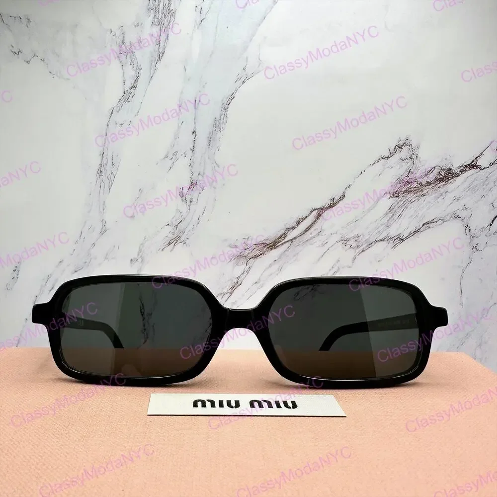 New MIU MIU Sunglasses Black Square Rectangle Acetate Gold Metal Logo Authentic